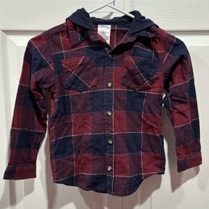 TOUGHSKINS Boy’s Hooded Plaid Checkered Button Down Shirt Top w/ Pockets - L (7)